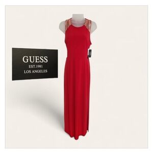 GUESS Red Sleeveless Embellished Neckline Maxi Dress Side Slit Size 6 NWT